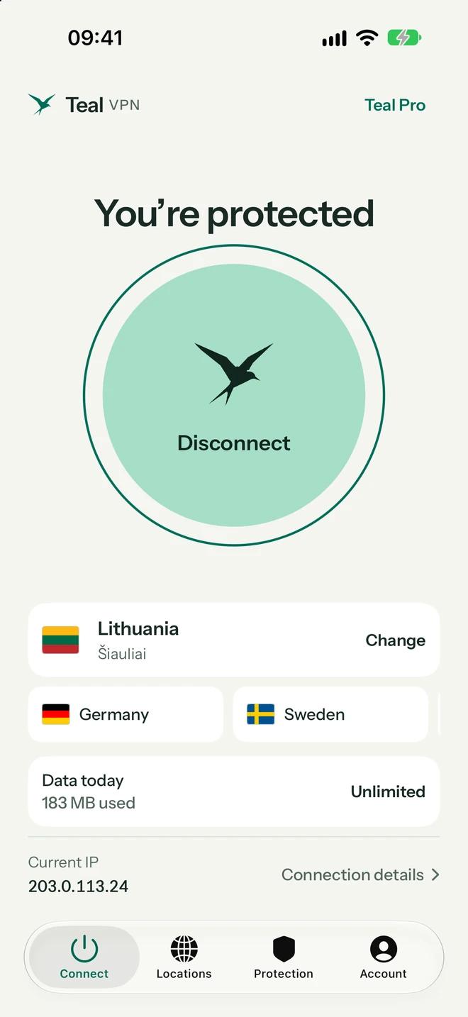 Teal VPN on iPhone showing You’re protected with a Disconnect button
