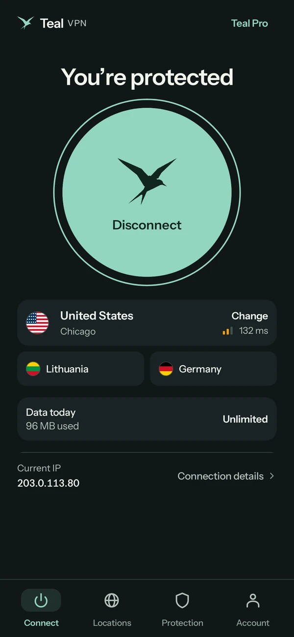 Teal VPN Pro on Android: You’re protected, unlimited data