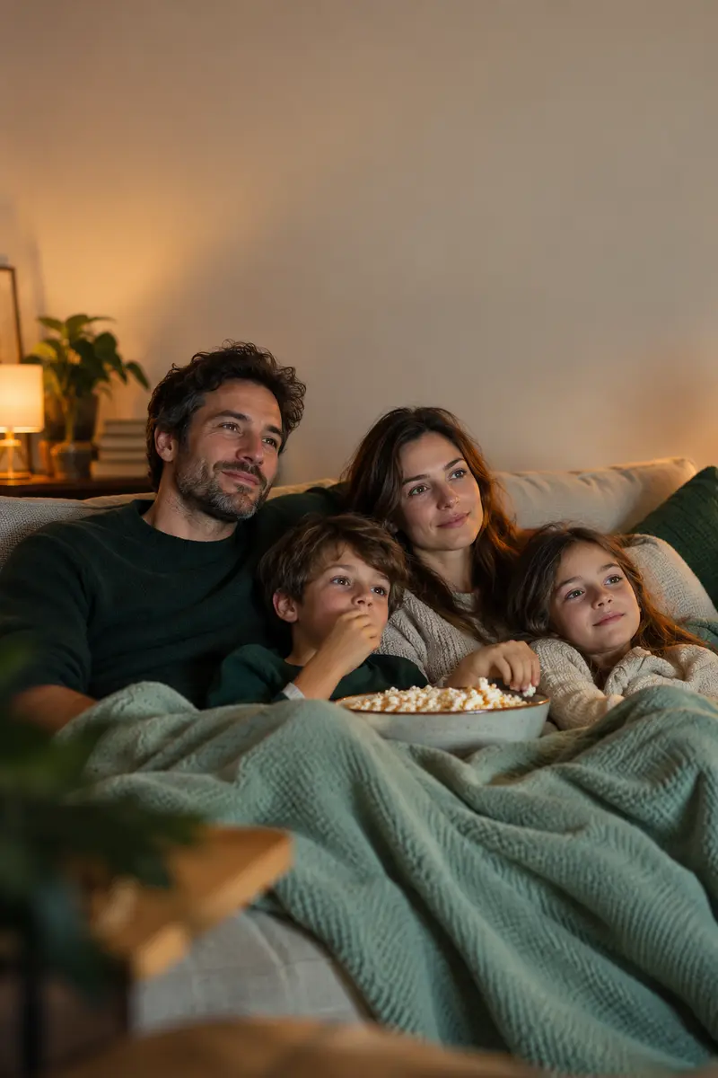 A family under a blanket with popcorn on movie night