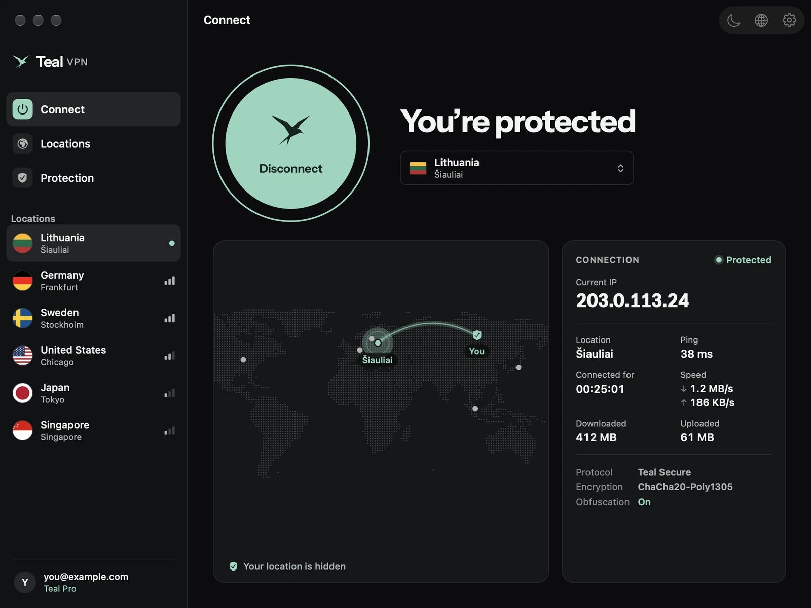 Teal VPN for Mac in dark mode, connected to Lithuania