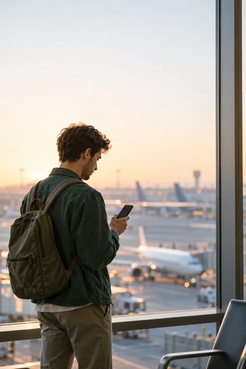 A traveller at an airport window looking at his phone