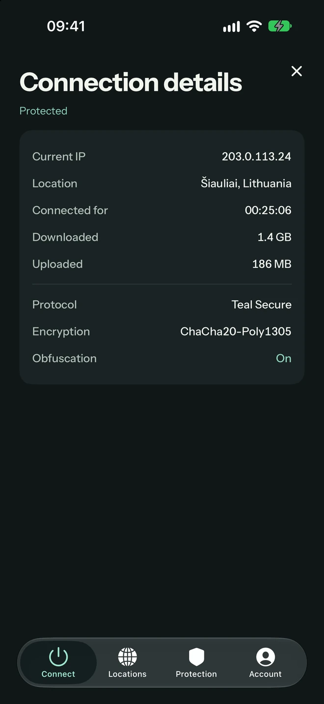 Teal VPN connection details: IP address, protocol Teal Secure, ChaCha20-Poly1305 encryption, obfuscation on