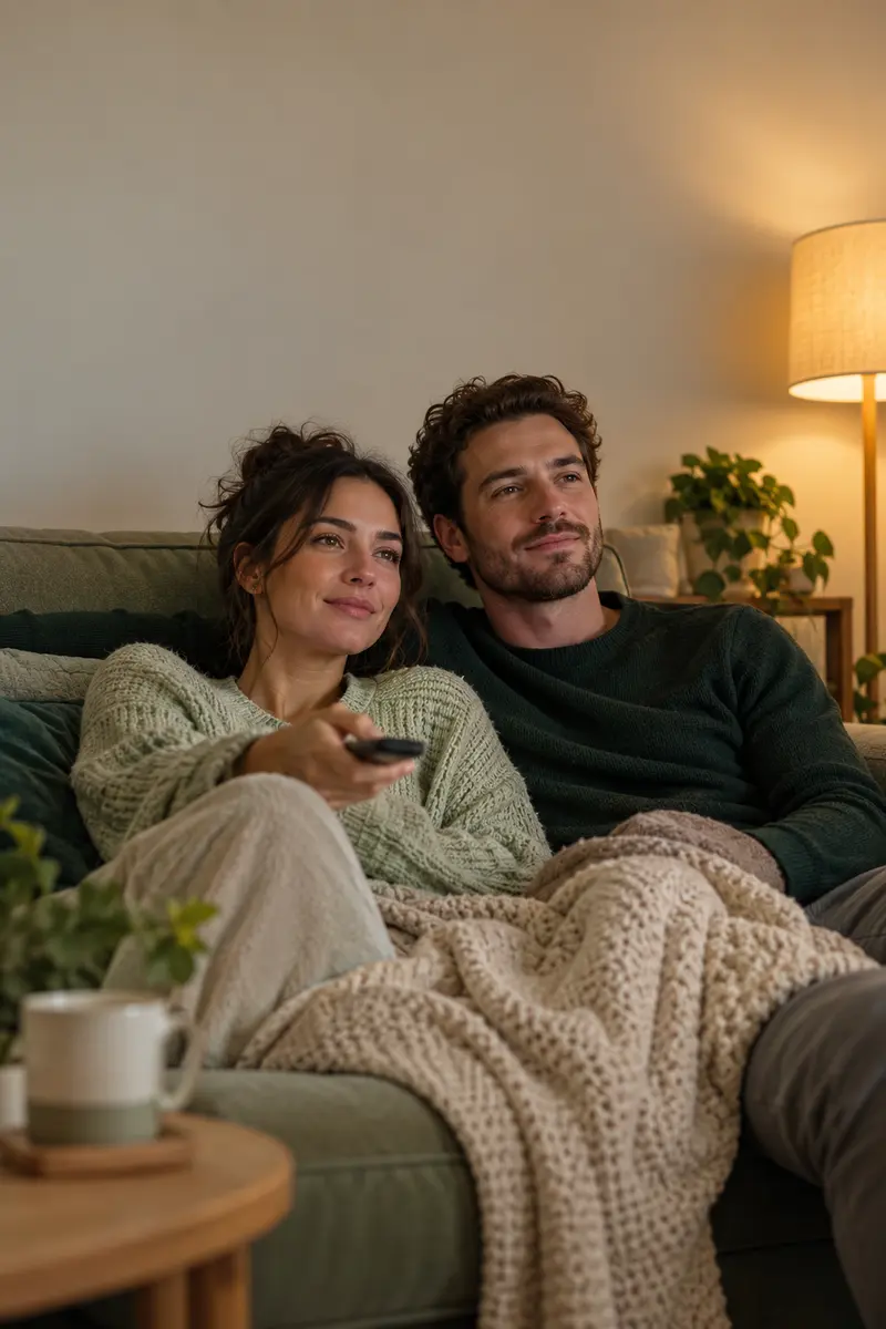 A couple relaxing on a sofa in the evening, she holds a TV remote