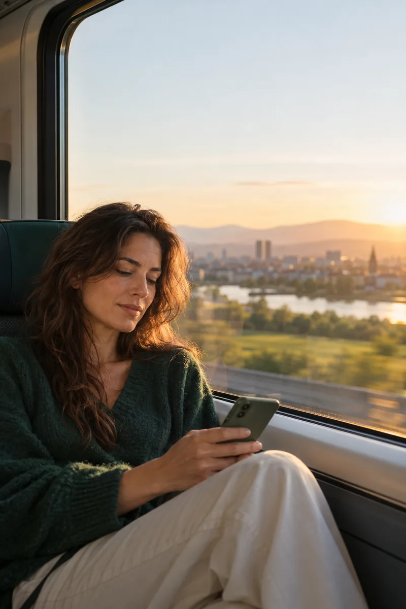 A woman looking at her phone on a train