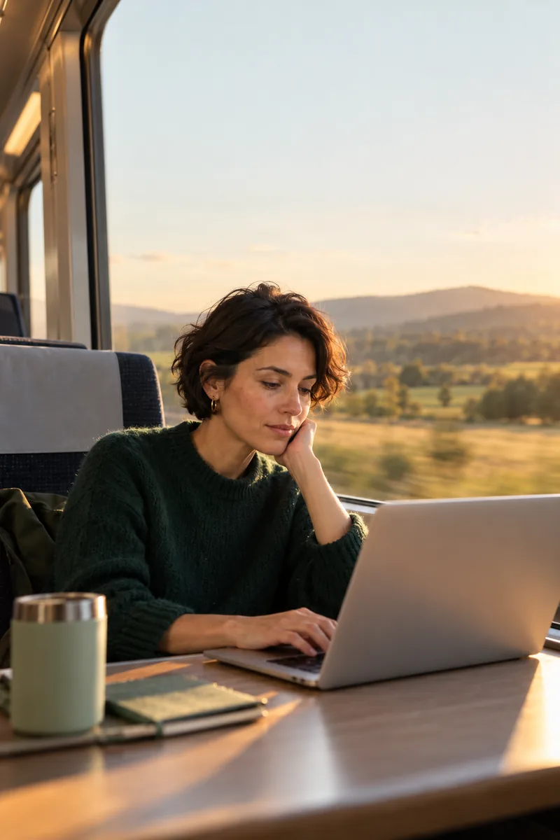 A woman working on a laptop on a train