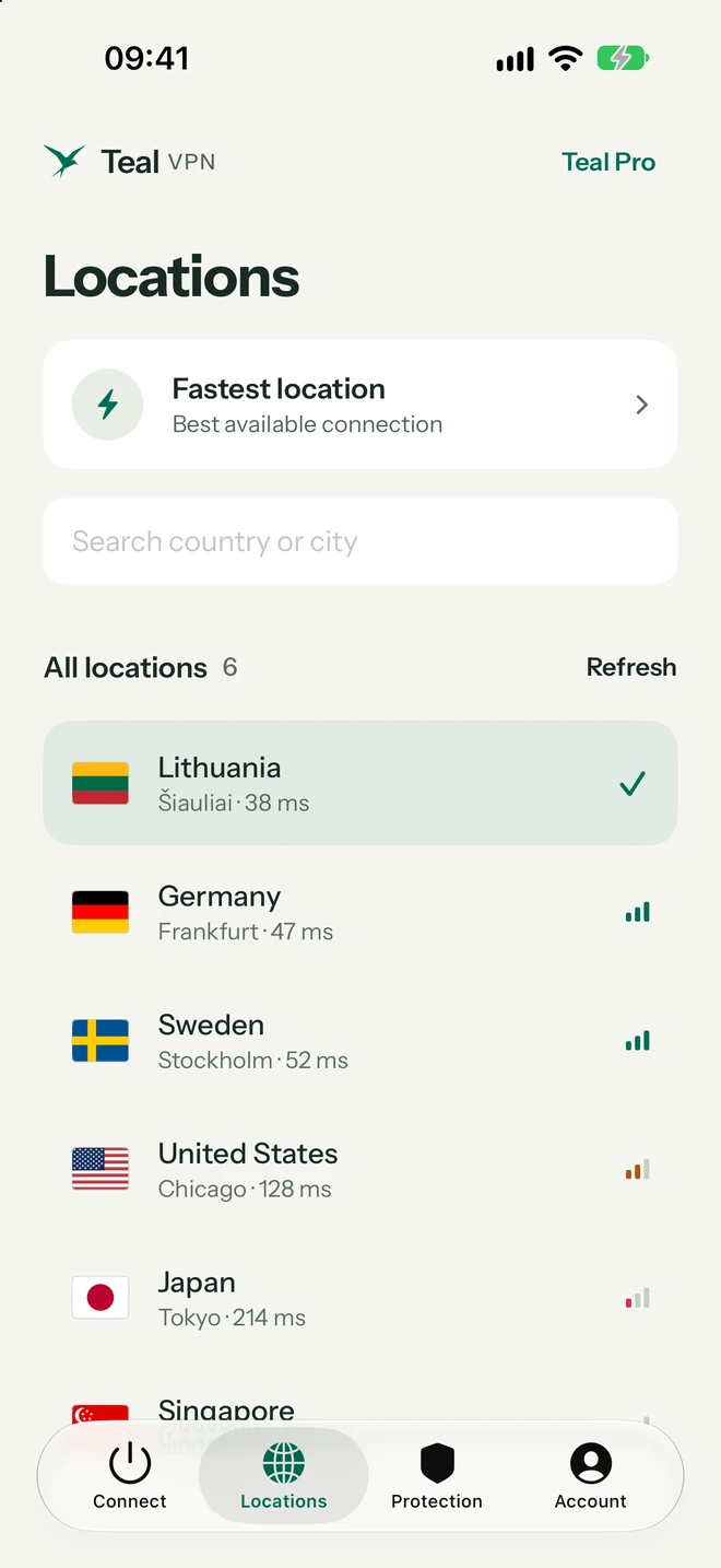 Teal VPN location list on iPhone with ping times