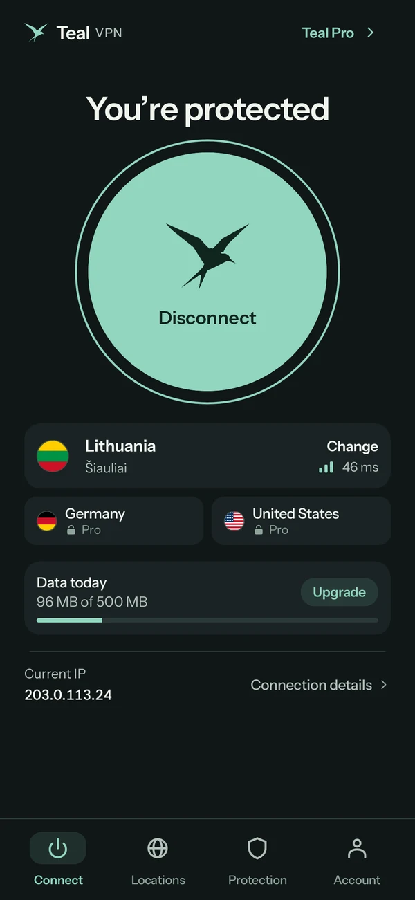 Teal VPN for Android connected to Lithuania on Teal Free, 96 MB of 500 MB used today