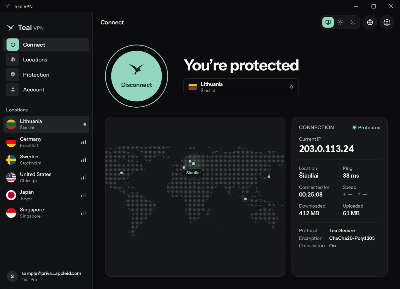 Teal VPN for Windows in dark mode: You’re protected, Lithuania, Šiauliai, with a map and connection details