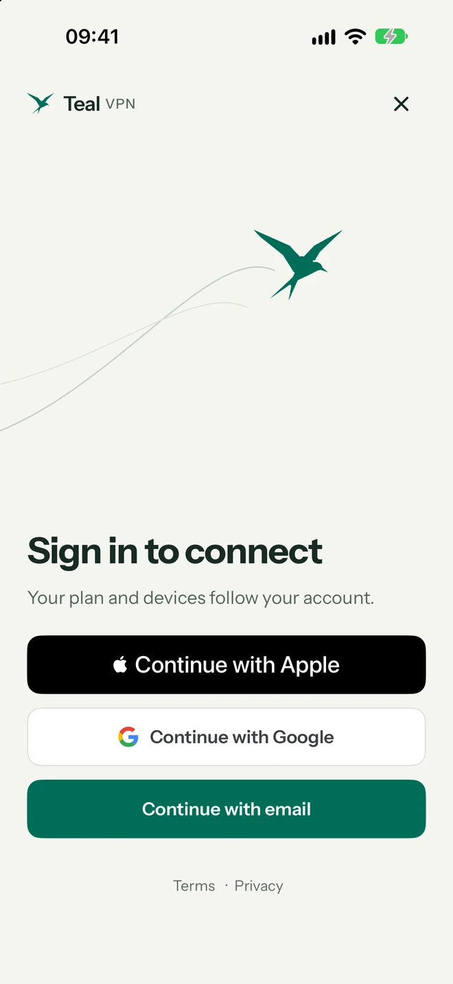 Teal VPN sign-in screen on iPhone