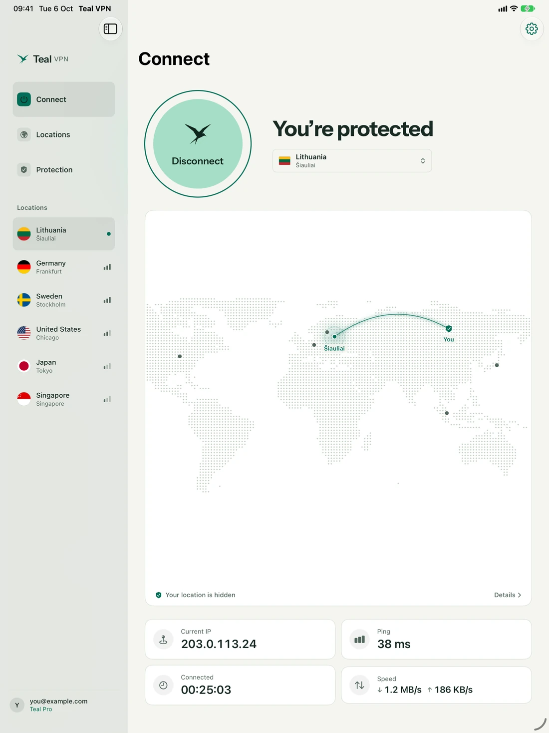 Teal VPN on iPad: protected, with a map from home to the server