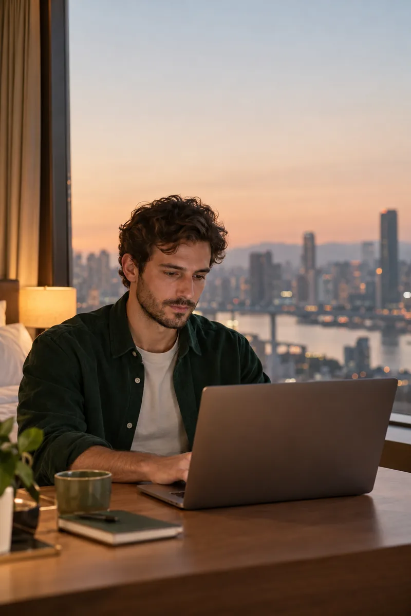 A man working on a laptop in a hotel room