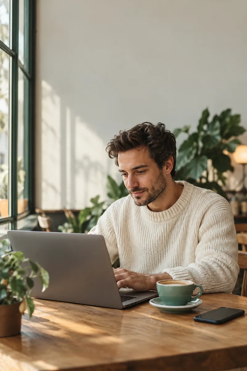 A man working on a laptop by a cafe window