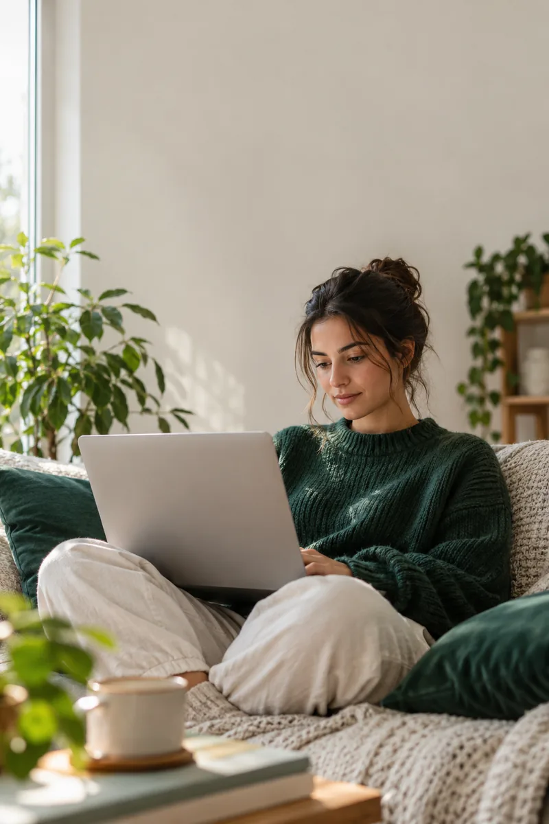 A woman relaxing on a sofa with a laptop