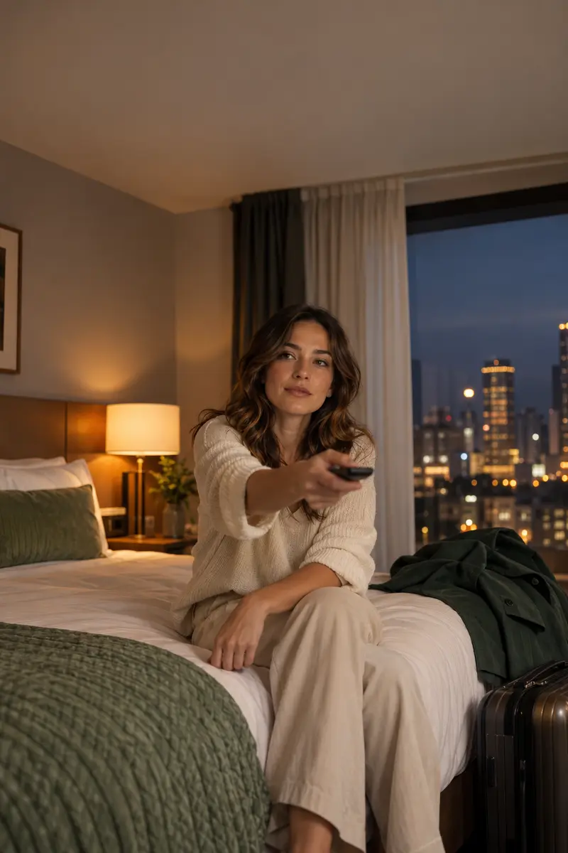 A woman in a hotel room pointing a TV remote