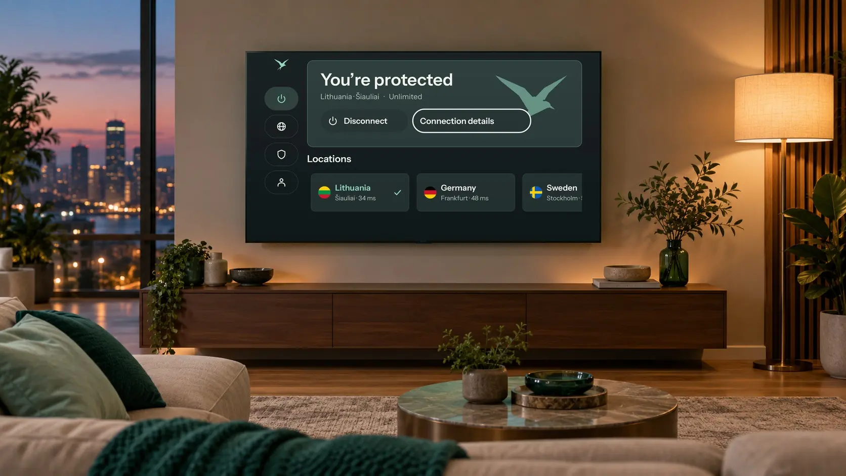 A living room in the evening with Teal VPN on the wall TV: You’re protected, Lithuania, Šiauliai, Unlimited, and a row of locations