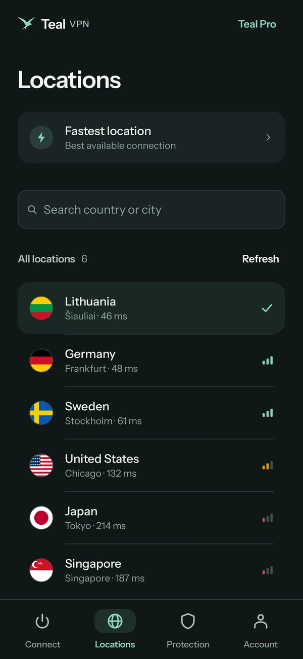 Teal VPN on Android: all six locations