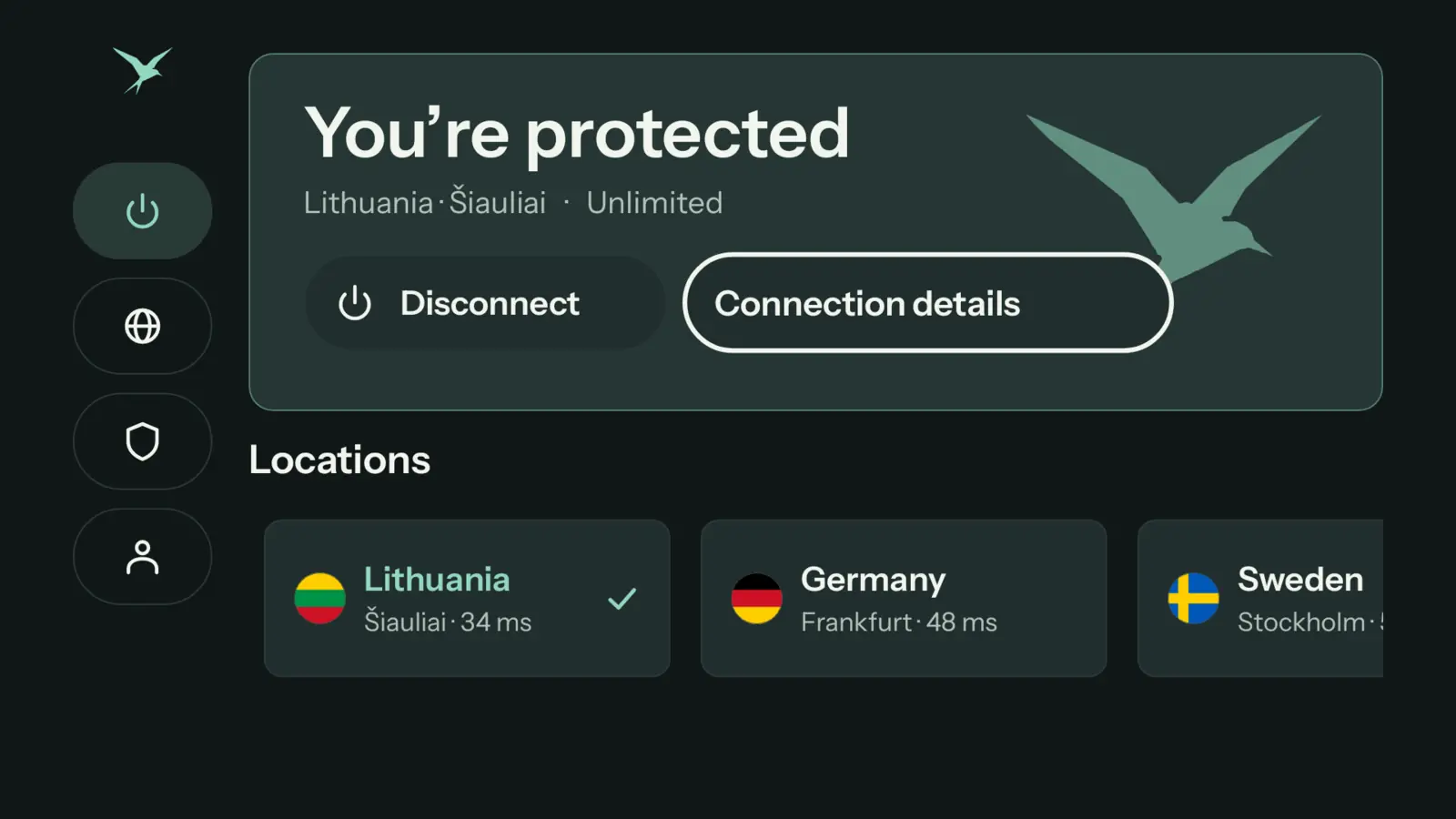 Teal VPN on Android TV, connected to Lithuania with a row of locations