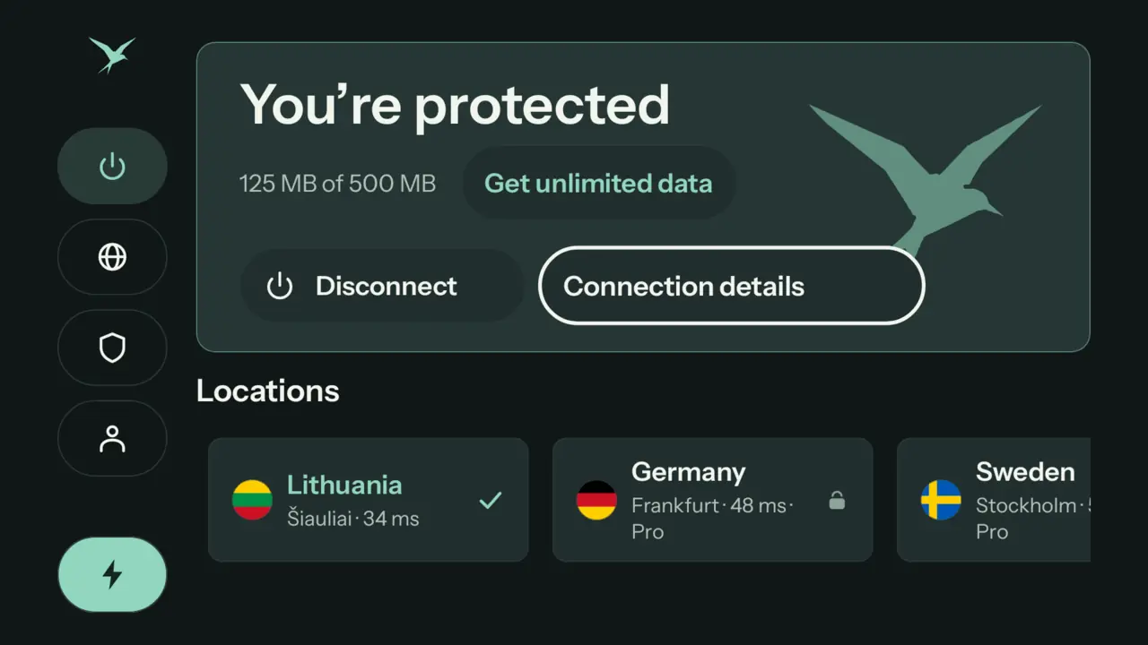 Teal VPN on a TV, connected on Teal Free: You’re protected, 125 MB of 500 MB with a Get unlimited data button, Disconnect and Connection details, and the locations Lithuania (Šiauliai), Germany and Sweden below.