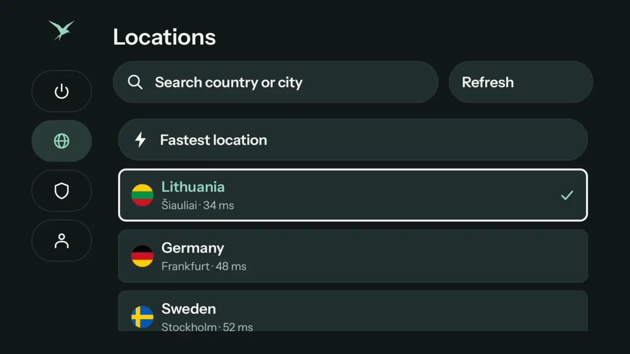 Teal VPN on a TV: the Locations page with a search box, Fastest location, Lithuania Šiauliai (selected), Germany Frankfurt and Sweden Stockholm, each with its ping.